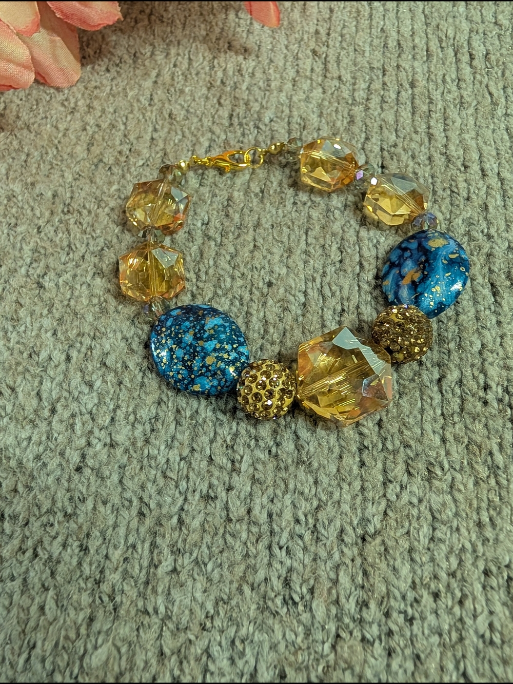 Gold and Blue Beaded Statement Bracelet